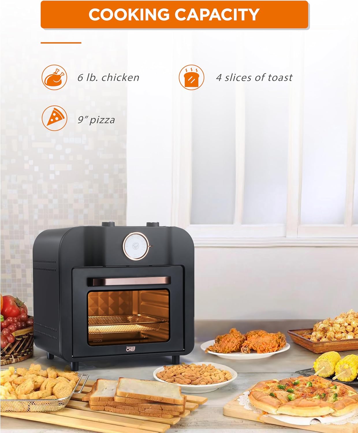 COMMERCIAL CHEF Air Fryer Multi-Oven, 17-QT Multifunctional & Multi Level Air Fryer with Bake, Broil, Roast, Warm & Toast for Rotisserie Chicken, Pizza & More, 1500 Watt Air Fryer Oven