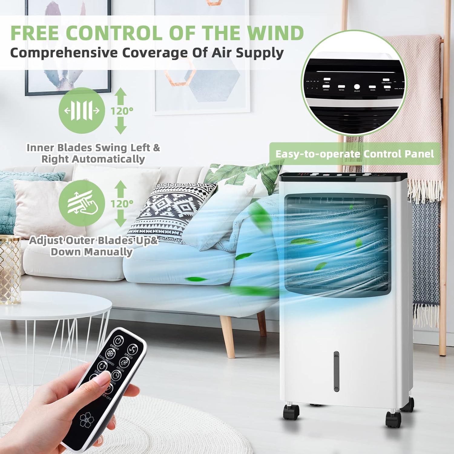 PETSITE Evaporative Air Cooler, Portable Cooling Fan with Remote Control, Ice Packs, Humidifying, 3 Speeds, 7.5H Timer, Personal Swamp Cooler for Room Home Office