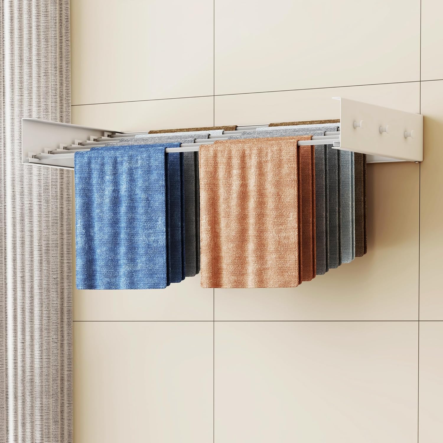 Upgrade Drying Rack Clothing,Clothes Drying Rack Wall Mounted,Laundry Drying Rack Wall Mount,Foldable,Collapsible,Retractable,6 Aluminium Poles,with Hooks,(White 35.5