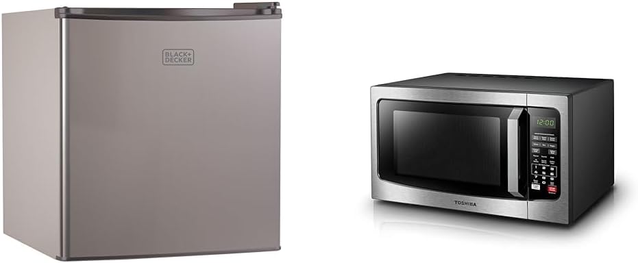 BLACK+DECKER BCRK17V Compact Refrigerator Energy Star Single Door Mini Fridge with Freezer & TOSHIBA EM131A5C-SS Countertop Microwave Ovens 1.2 Cu Ft, 12.4