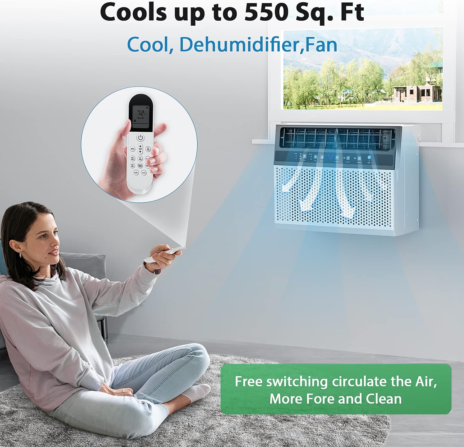 Joy Pebble Window Air Conditioner, 12000 BTU Window Room Air Conditioner for Room Cools Up 550sq.ft,Window AC Unit with Cooling, Dehumidifier and 3 Fan speeds, 24-hour timer & ECO mode