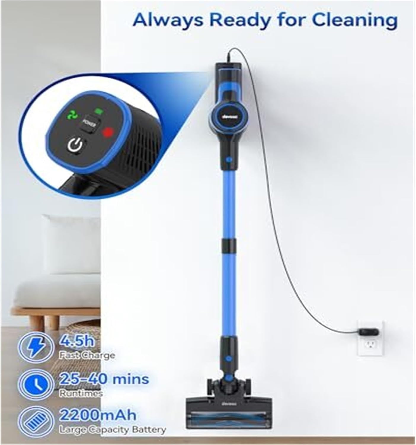 Compatible with Devoac V50 Cordless Vacuum Cleaner, Lightweight Stick Vacuum with Rechargeable Battery, 6-in-1 Handheld Vacuum for Hard Floors & Carpet Cleaning