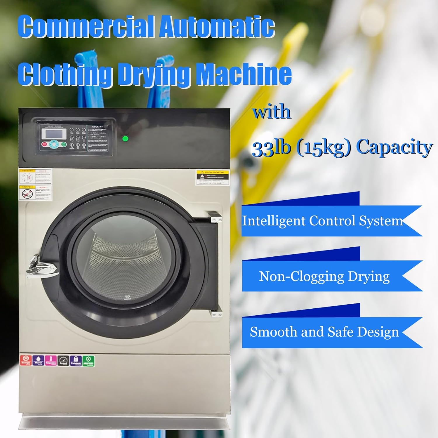 Industrial Automatic Clothes Dryer 33lb Capacity Clothes Drying Machine Commercial Automatic Clothing Drying Machine 15kg Drum Capacity Industrial Clothing Dryer, 220V Three-Phase 3PH