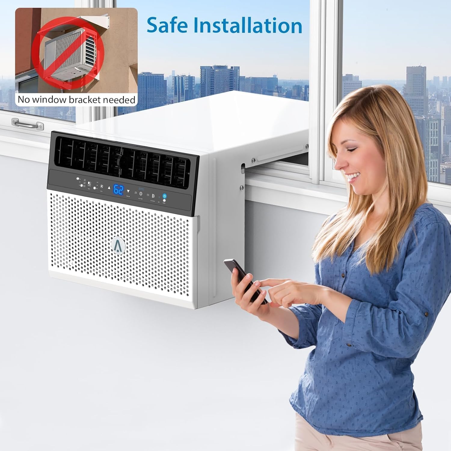 8000BTU Window Air Conditioner - U-Shaped，Mytemp Sensor Remote, Optional WiFi Control, 6 Modes, Cools Up to 450 Sq. Ft, Ultra Quiet, Energy Efficient，White