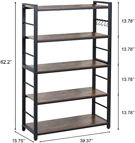 5-Tiers Bakers Rack,Microwave Oven Stand with Shelves,5 Tier Utility Storage Shelf with 5 Hooks,Multifunctional Shelf for Kitchen,Bathroom,Livingroom,Storehouse...