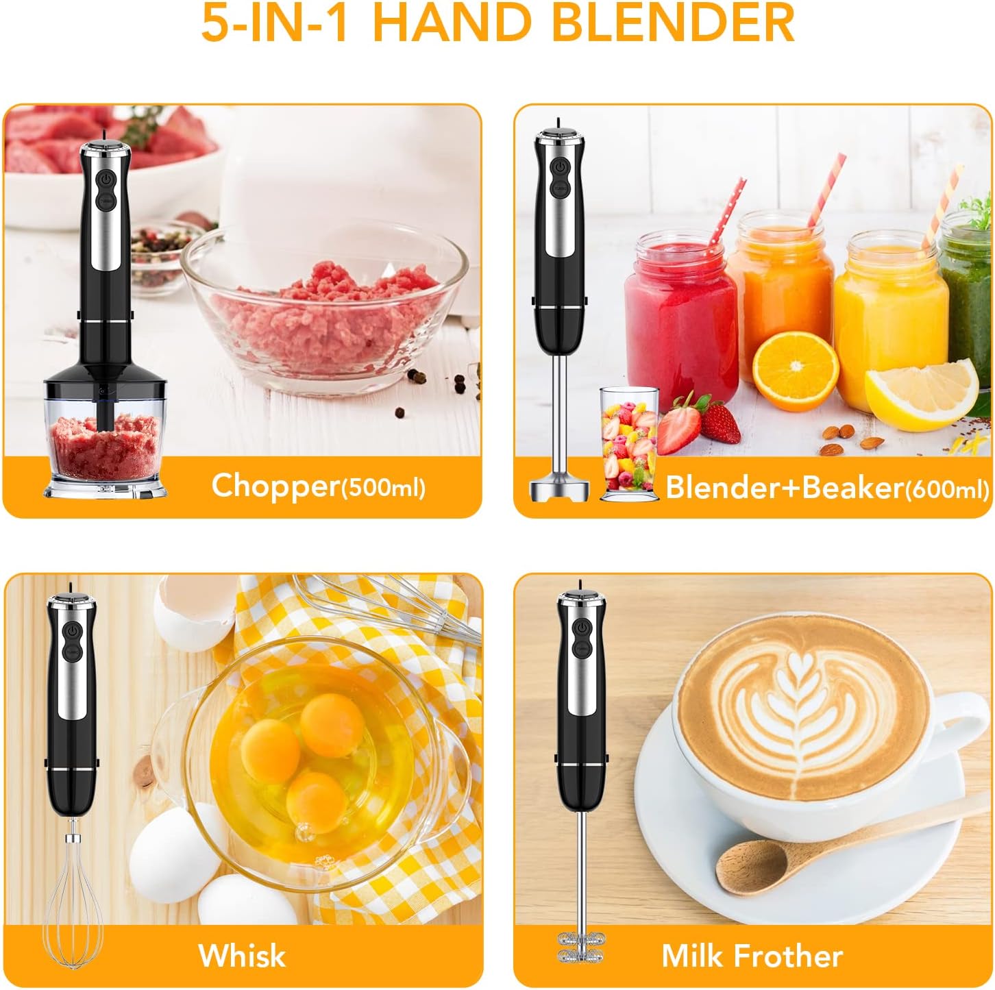 Handheld Blender 5-in-1, Immersion Hand Blender 800W Powerful Copper Motor, 12 Speed Turbo Mode, 20oz Beaker with Measuring Mark, 17oz Food Chopper for Smoothies Stainless Steel Blades, Whisk