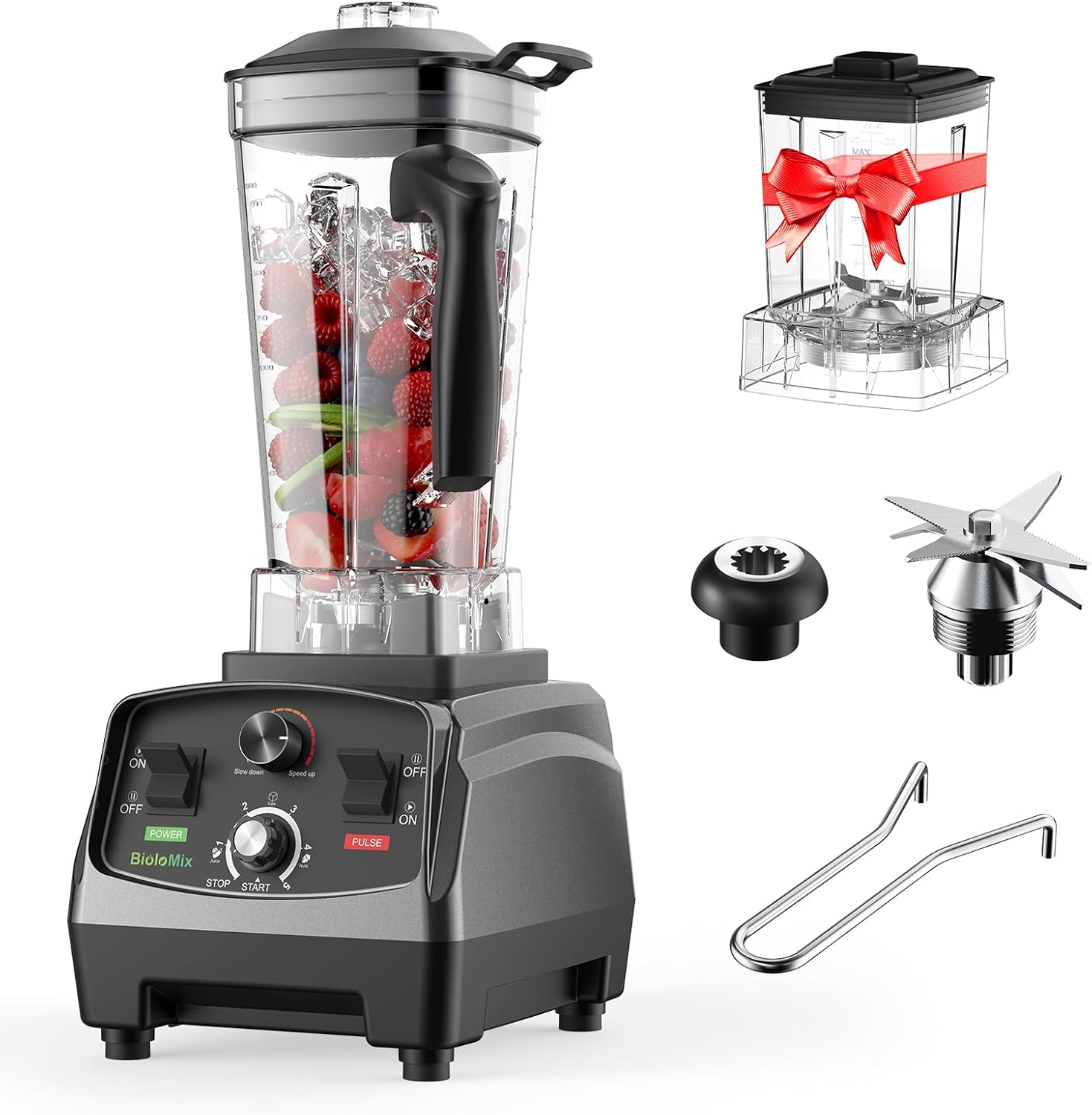 BioloMix Professional Smoothie Blender - 2200W, 68 Oz Capacity, High Speed Blender for Shakes, Smoothies, Ice Crushing, Frozen Fruits (with Extra Parts+600ML Grinding Cups)