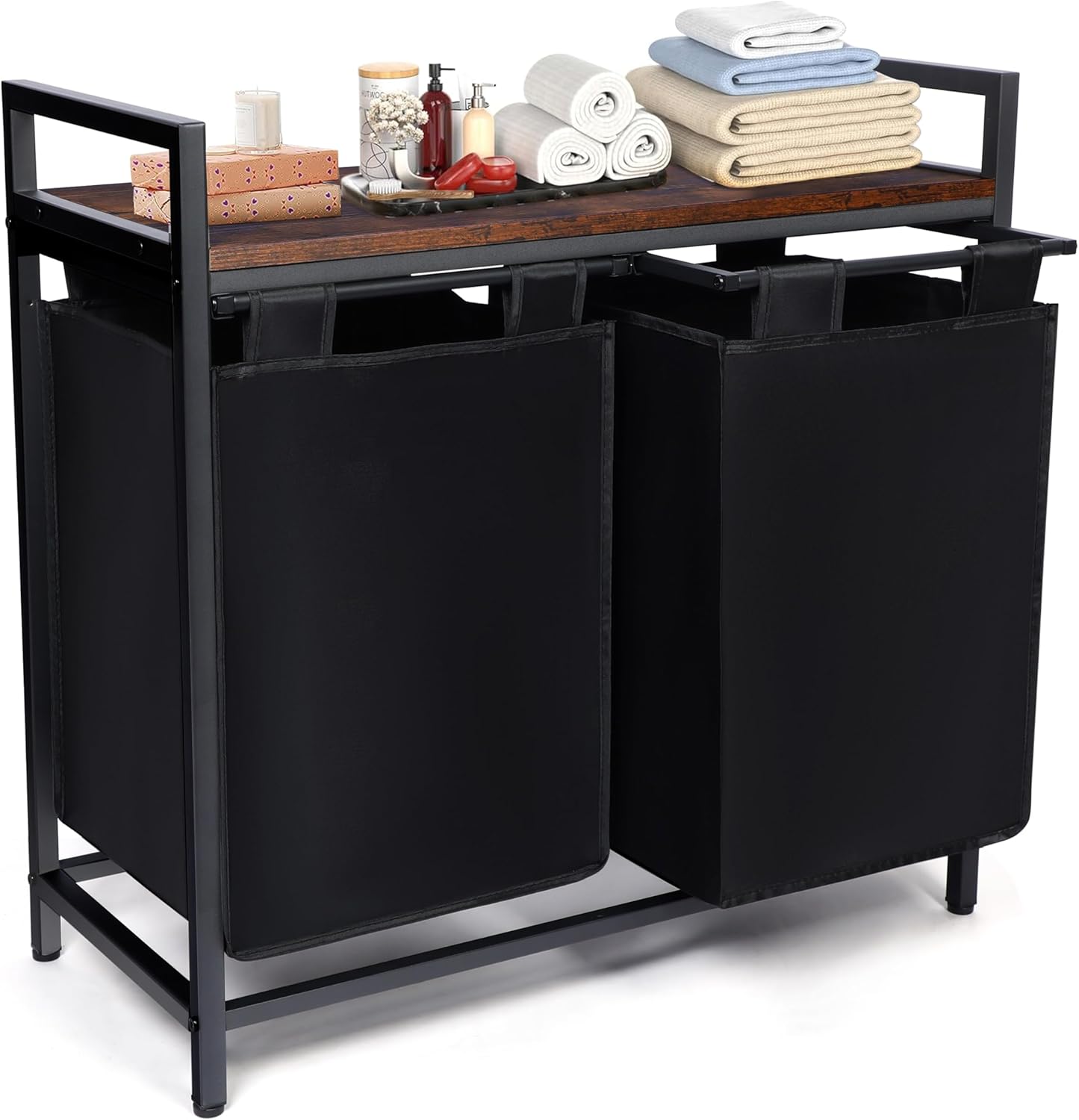 Whitmor Laundry Sorter, 92L Laundry Hamper with Shelf & 2 Removable Bags, 2 x 12.1 Gallons (46L), 28.8 x 13 x 28.4 Inches, Dirty Clothes Hamper Organizer for Laundry Room, Bathroom, Dorm, Black