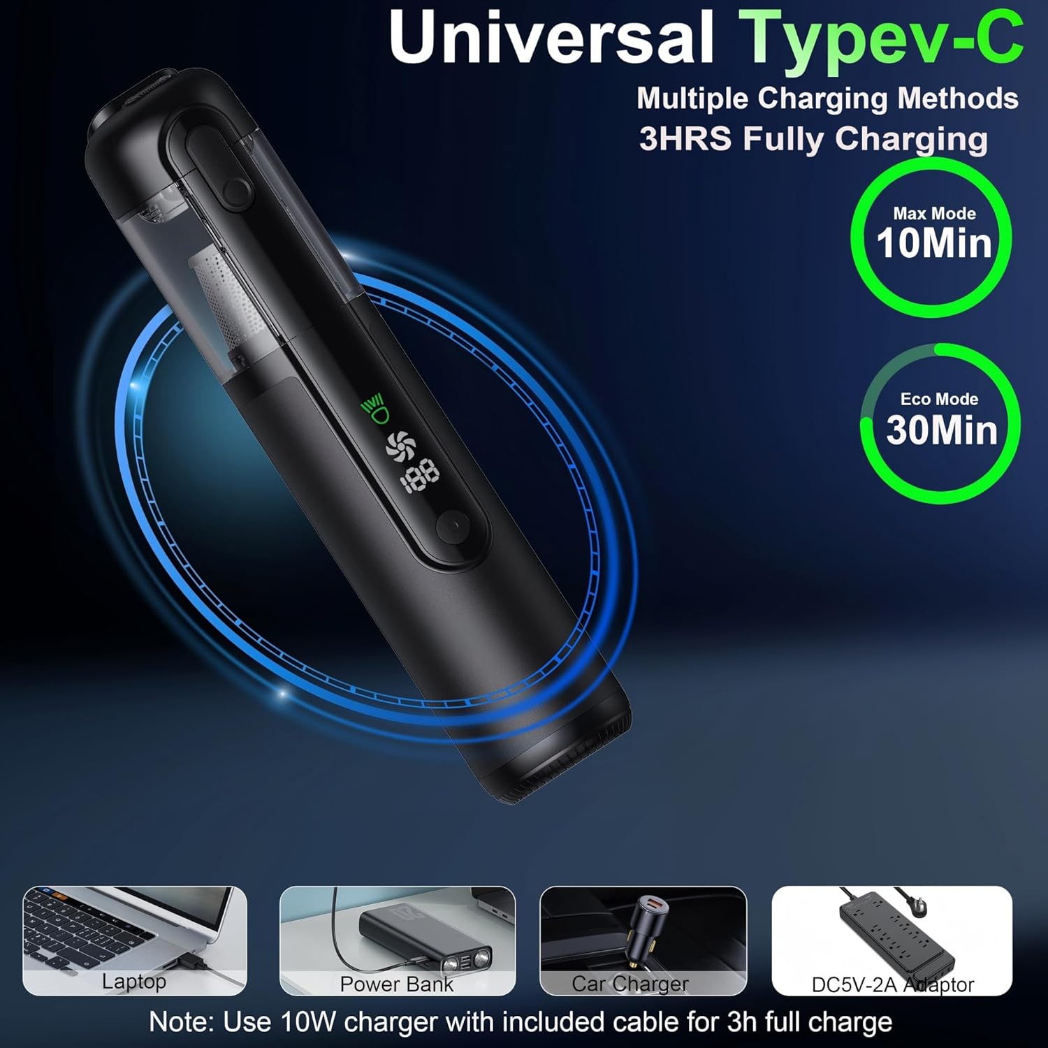 Car Vacuum, Handheld Cordless Vacuum 19000Pa, 4-in-1 Mini Portable Cleaner with Green LED Detection Light, 2 Modes for Car, Home, Office, Desk & Keyboards, Rechargeable, Washable Filter