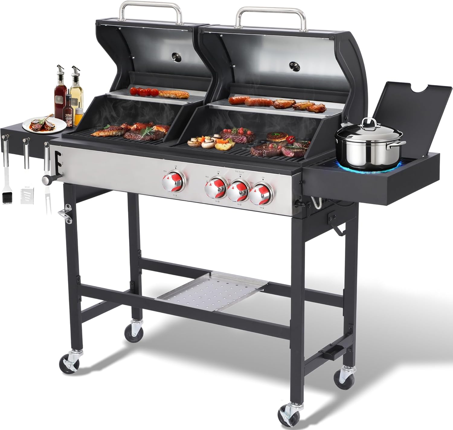 Charcoal Grill and Propane Gas Grill Combo with Side Burner & Porcelain-Enameled Cast Iron Grate, Dual Fuel BBQ Grill with Easy-Clean System for Outdoor Events & Backyard Barbecue