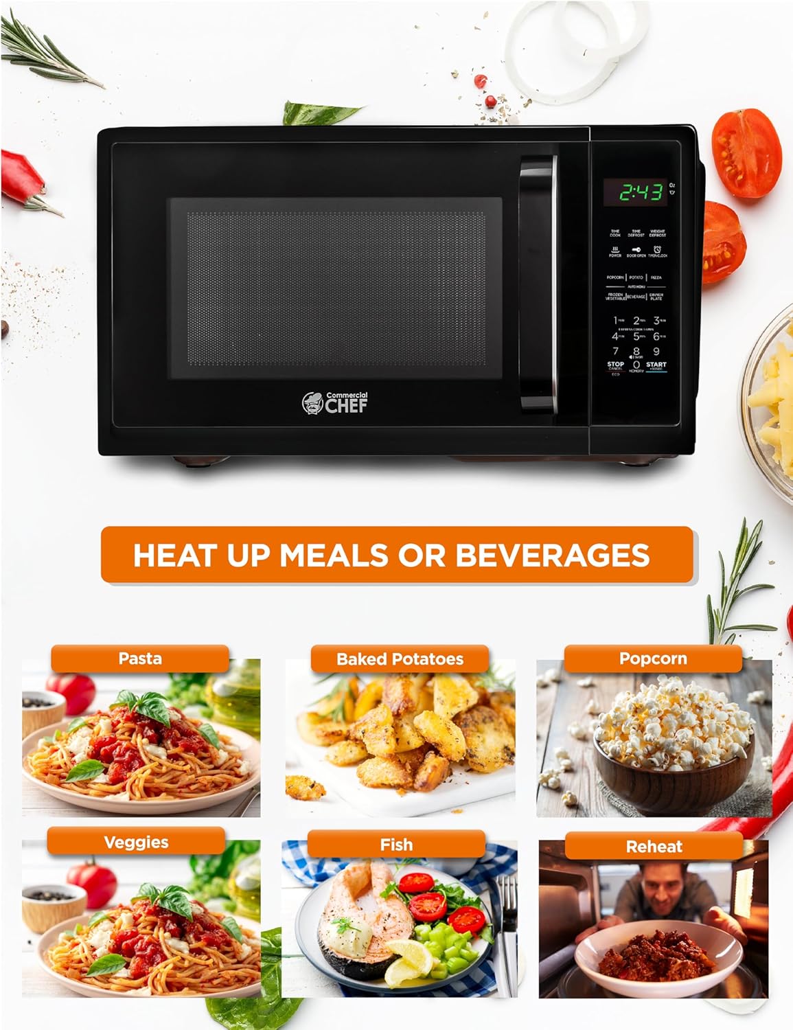 COMMERCIAL CHEF 0.9 Cubic Foot Microwave with 10 Power Levels, Small Microwave with Grip Handle, 900W Countertop Microwave with Digital Display, Door Lock and Kitchen Timer, Black