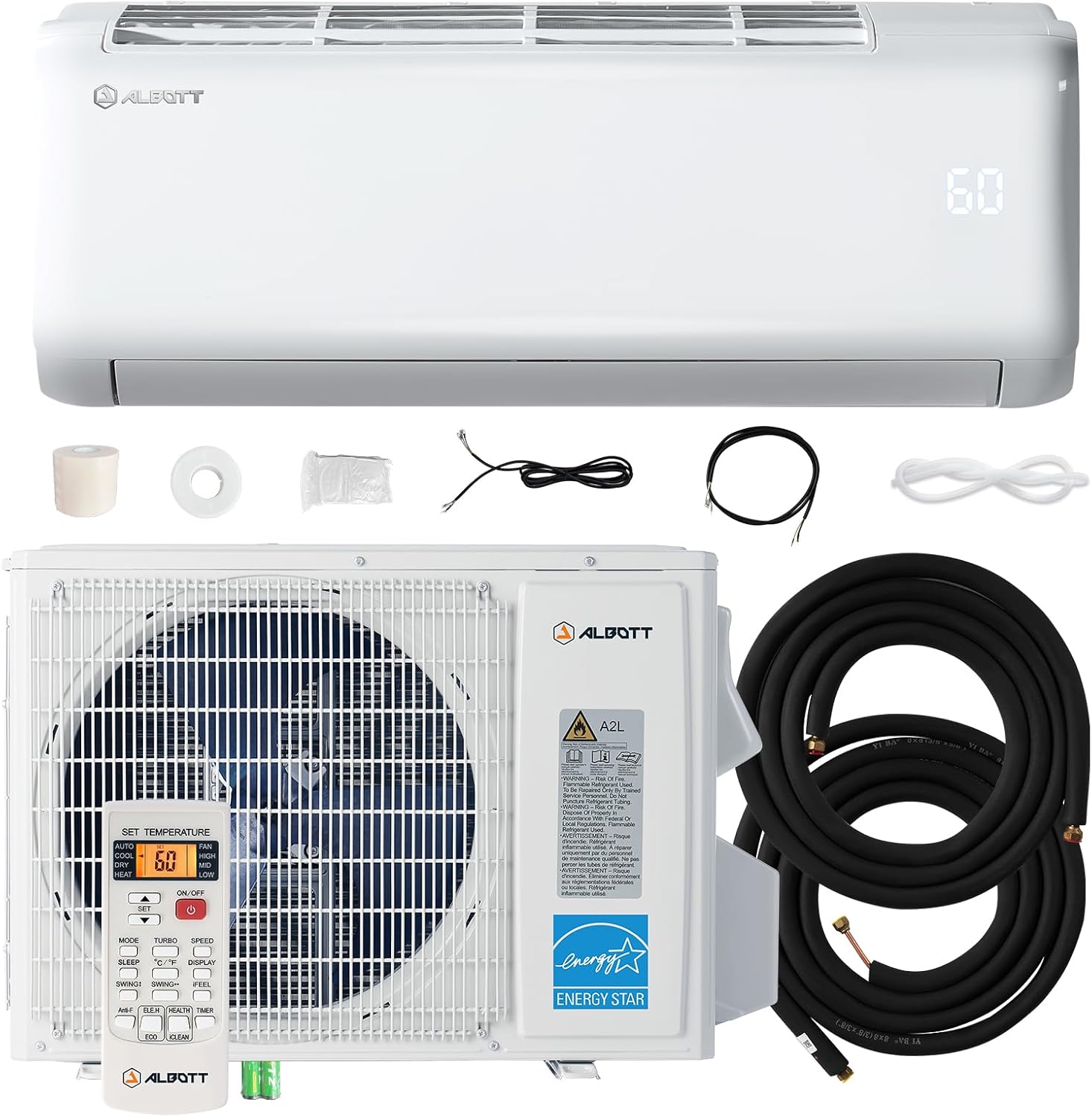 Albott Mini Split Air Conditioner Heat Pump, 18000 BTU 21 SEER2 208V-230V, Energy Star, Remote Control for Rooms up to 1250 Sq.Ft, Wall Ac Unit with 14.8ft Installation Kit, White