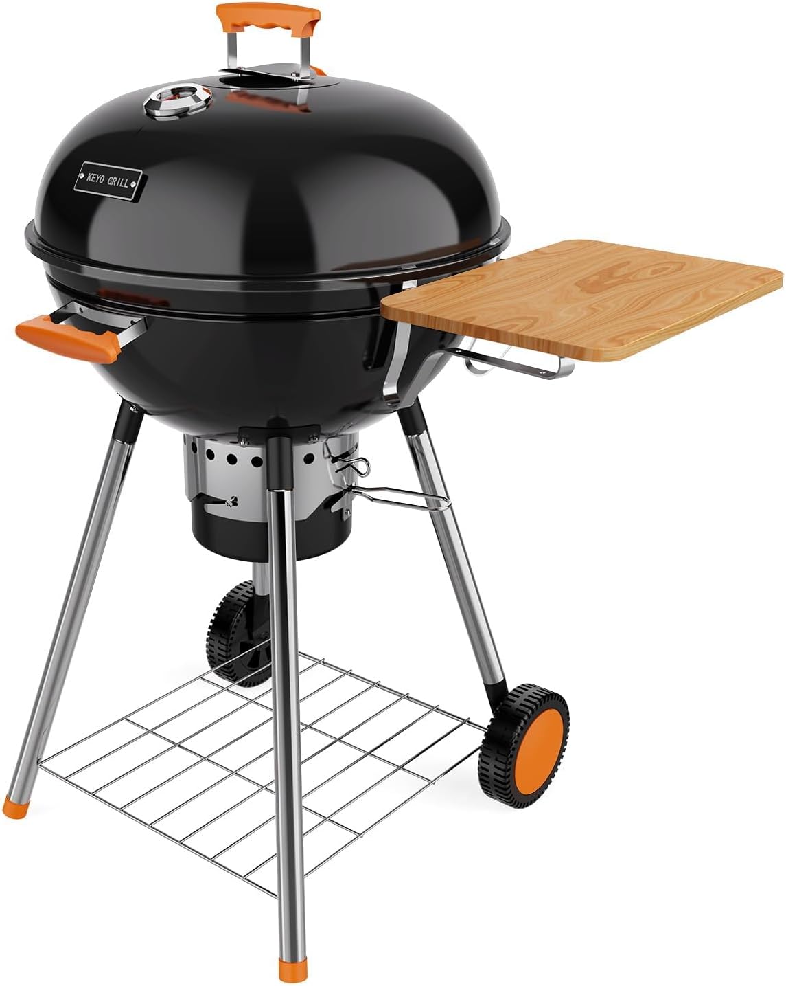 KEYO GRILL 22.5-inch Kettle Charcoal Grills, Portable Charcoal Grill with Adjustable Vents, One Click Cleaning System, Walnut Side Table Outdoor BBQ Grill for Camping, Tailgating and Backyard