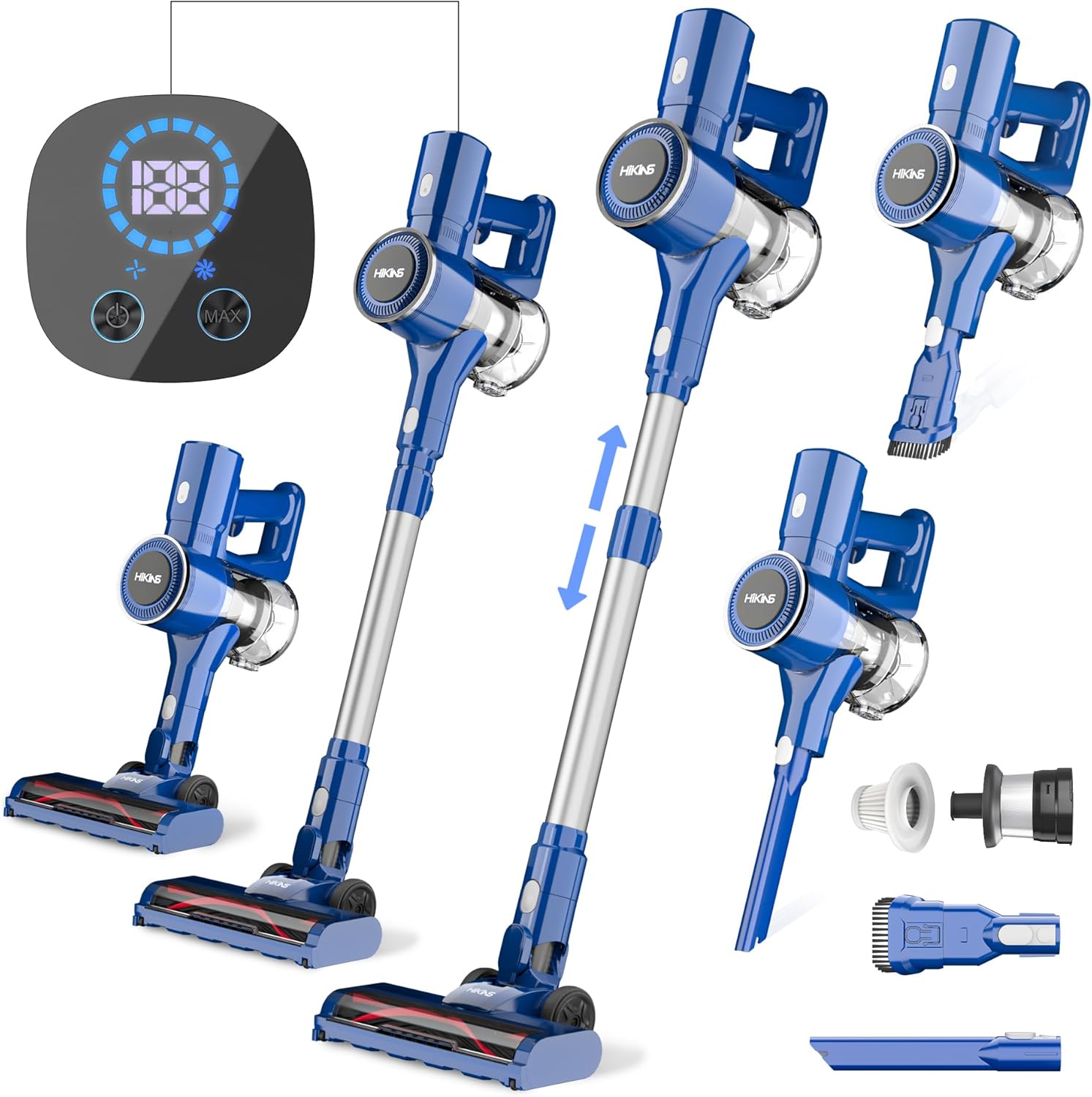 HiKiNS Cordless Vacuum Cleaner, Lightweight Stick Vacuum, 12Kpa Strong Suction, Rechargeable 160W Powerful Vacuum Cleaner for Pet Hair, Carpet, Hardwood Floor, LED Display, Max 45 Mins Runtime