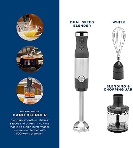 GE Immersion Blender | Handheld Blender for Shakes, Smoothies, Baby Food & More | Includes Whisk & Blending Jar | 2-Speed | Interchangeable Attachment for Easy Clean | 500 Watts | Stainless Steel