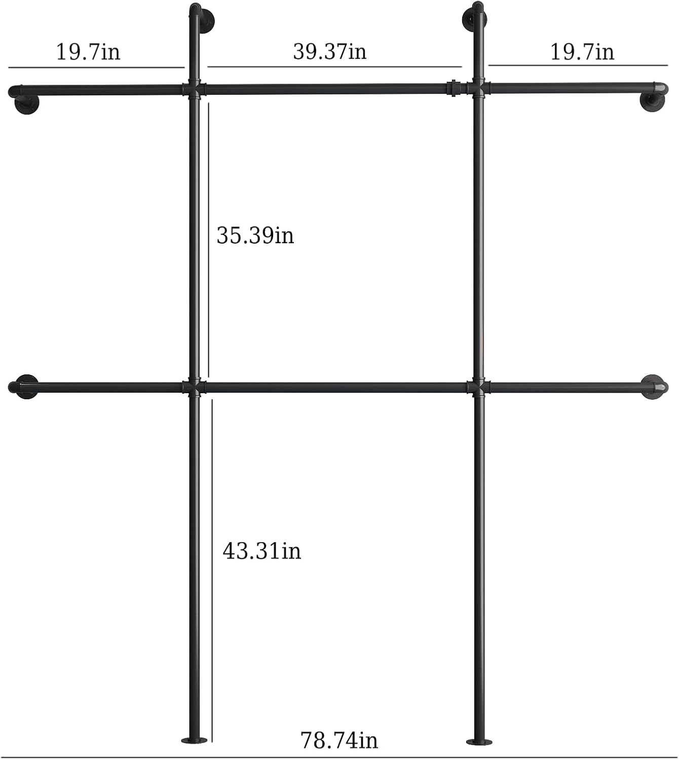 Industrial Pipe Clothing Rack Wall Mount, Black Pipe Clothes Rack with 6 Hanging Rods, Heavy Duty Pipe Clothing Rack for Laundry Room, Closet Systems for Walk in Closets