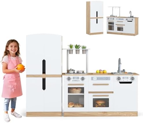 Costzon Kids Kitchen Playset, 2 Piece Wooden Modular Toy Play Set w/Running Water, Sound & Light, Fridge, Dishwasher, Microwave, Oven, Pretend Play Kitchen for Kids Ages 3+ (Natural + White)