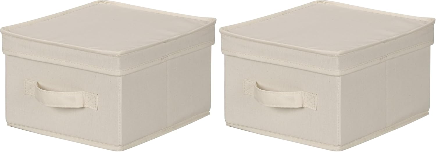 Household Essentials 111 Storage Box with Lid and Handle - Natural Beige Canvas - Medium,Natural Trim (Pack of 2)