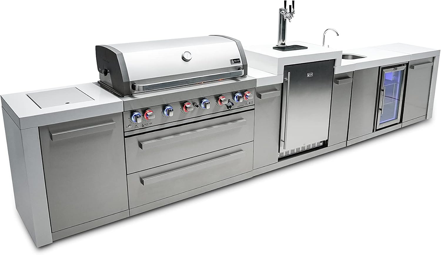 Mont Alpi MAi805-DKEGBEV 44-inch 6-Burner 115000 BTU Deluxe Stainless Steel Island Outdoor Kitchen Bar Gas Barbecue Island Grill with Wine Cooler Beverage Center Refrigerator + 3 Beer Tap Kegerator