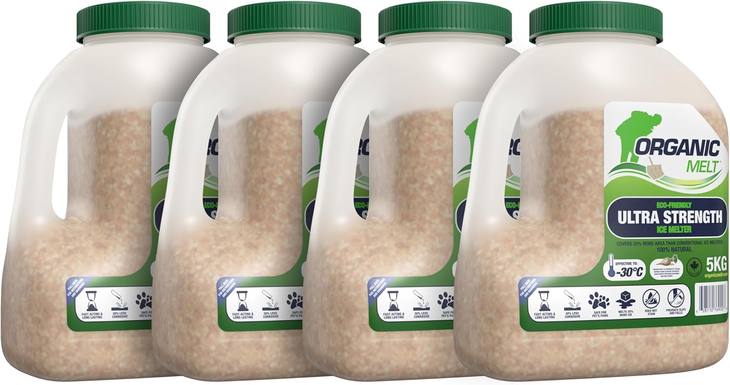 Ice Melt Safe for Concrete, Sidewalks, and Driveways – Pet-Friendly Snow Salt and Ice Melter – Organic Melt Granular De-Icing Product – Eco-Friendly, 5kg Shaker Jug (11 lbs) (4 Pack)