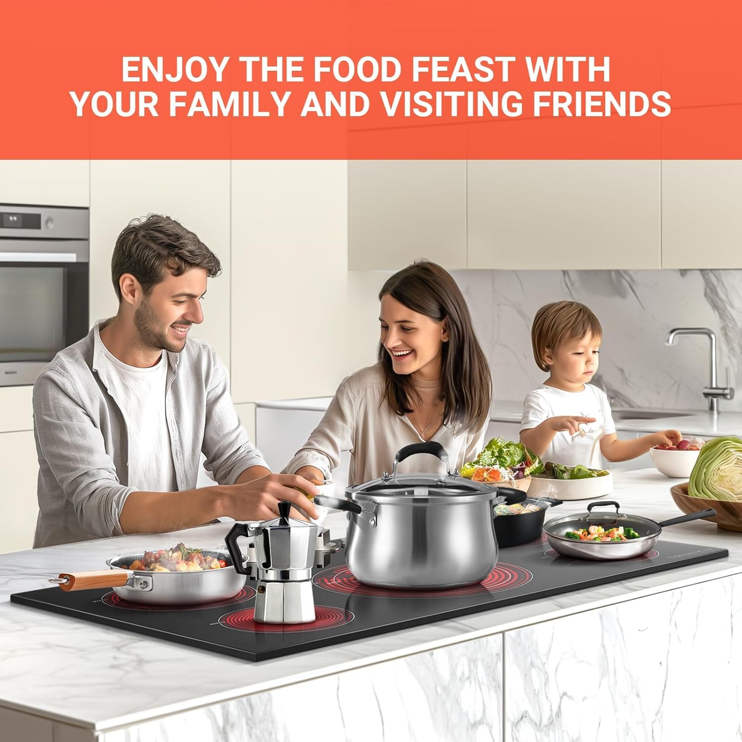 AAOBOSI 36 Inch Electric Cooktop 5 Burners, Upgraded 9000W Knob Control Built-in Ceramic Cooktop,Electric Stove Top,9 Heating Level, Chlid Lock Timer, ETC&FCC 220V~240V for Hard Wire(No Plug)