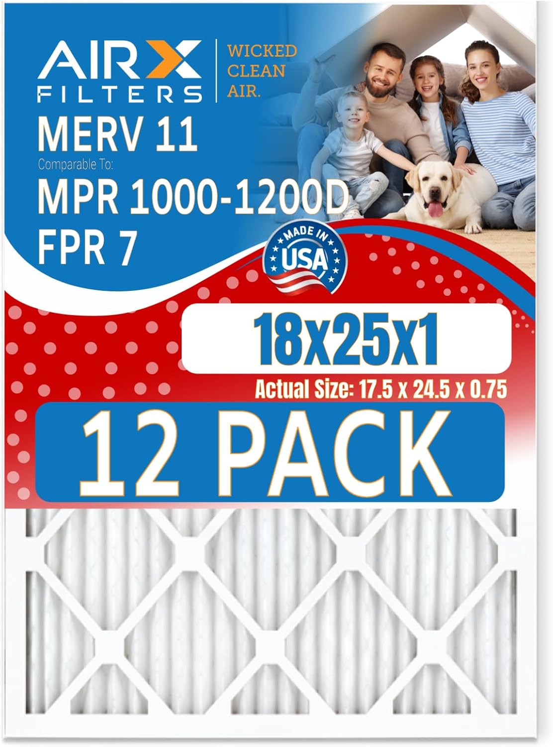18x25x1 Air Filter MERV 11 Rating, 12 Pack of Furnace Filters Comparable to MPR 1000, MPR 1200 & FPR 7 - Made in USA by AIRX FILTERS WICKED CLEAN AIR.