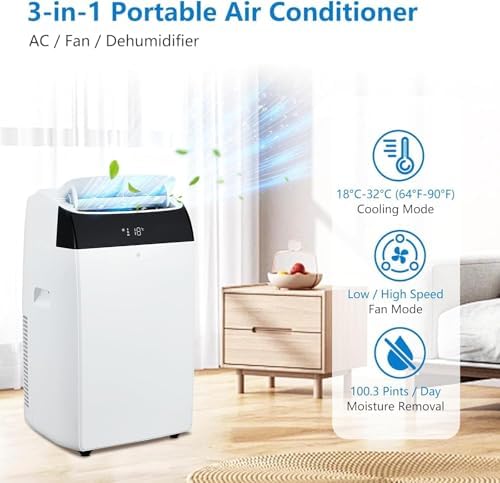 14,000 BTU (ASHRAE) / 10,200 BTU (SACC) Portable Air Conditioner for Spaces up to 750 Sq. Ft. 3-IN-1 Ultra-Quiet Room AC Unit with Cooling, Dehumidification, Fan Functions, Sleep Mode, 24-Hour Timer