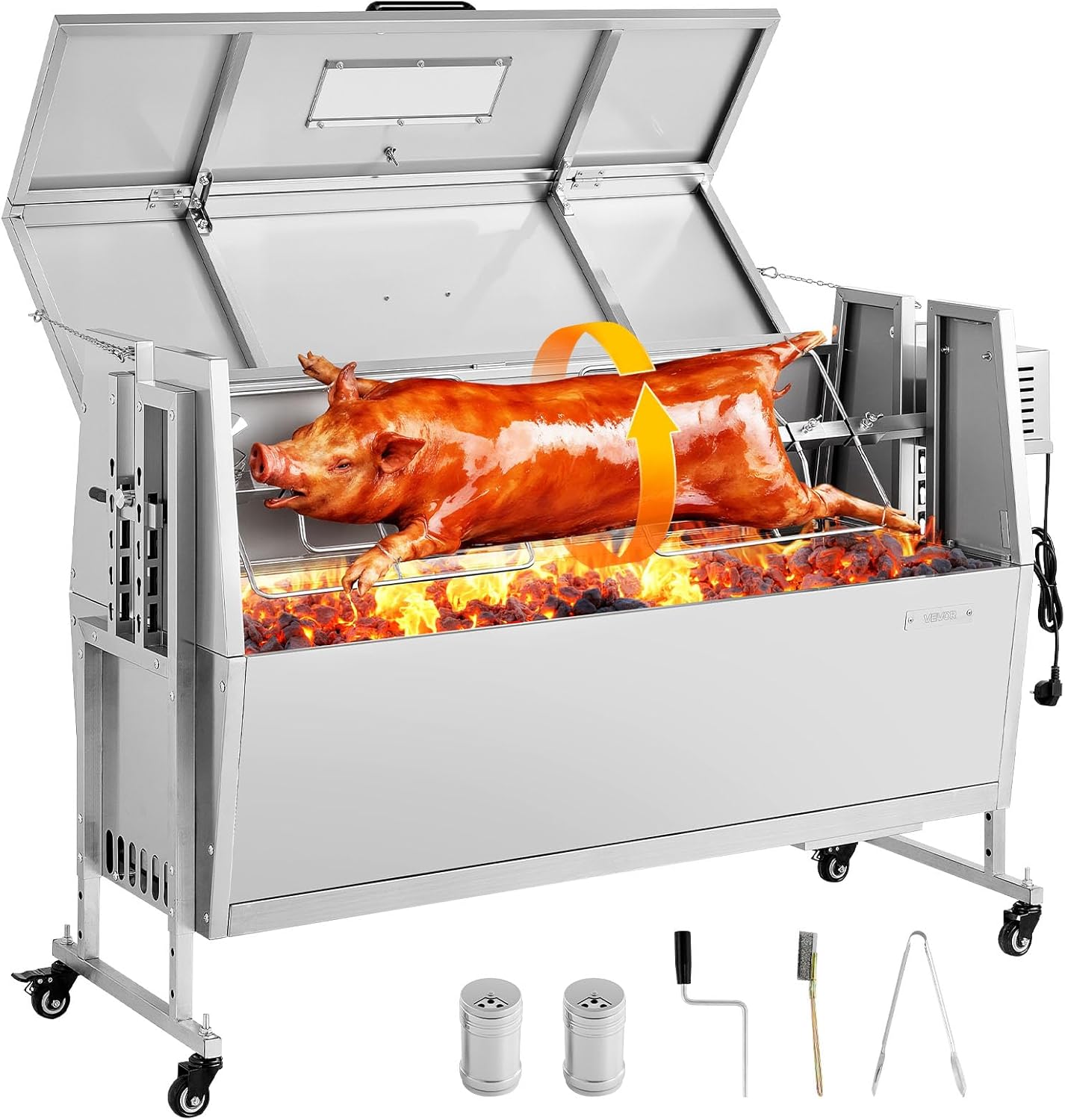 VEVOR Rotisserie Grill, 46in BBQ Outdoor Pig & Lamb Spit Roaster, Charcoal Spit Roaster with 132 LBS Capacity, Wheels & 4-Level Height, Stainless Steel Rotisserie Grill Kit for Camping Outdoor Parties