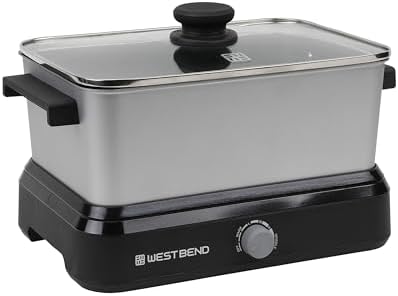 West Bend Versatility Slow Cooker Large Capacity Non-stick Cooking Vessel & Variable Temperature Heating Base Includes Travel Lid and Storage Bag, Range and Oven-Safe Cooking Pot, 5-Quart, Silver