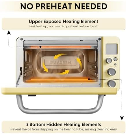 BUYDEEM T103 Countertop Toaster Oven 12QT, No Pre-Heat Needed, 7 Cooking Modes, Retro Mini Toaster Oven with Grill Rack and Baking Tray, Mellow Yellow