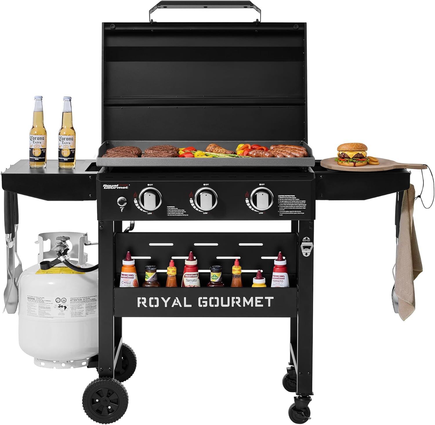 Royal Gourmet GB3000PB 3-Burner Gas Griddle with Hood, Griddle with Collapsible Side Shelves, 39,000 BTU, 492 Sq. In. Cooking Area, Electronic Ignition, Swivel Wheels with Brakes, Black