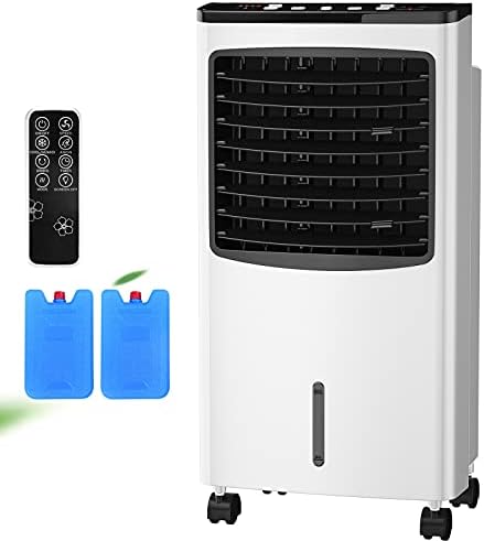 Rolling Evaporative Air Cooler, 3-in-1 Air Conditioner w/Fan & Humidifier, Portable Bladeless Quiet Electric Fan with Remote Control & Casters, 2 Ice Box & 8 Liter Water Tank for Home/Office