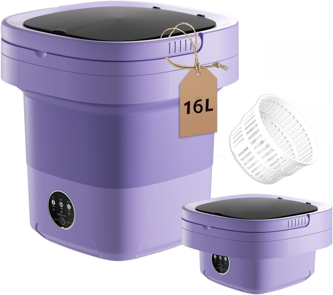 16L Portable Washing Machine, Small Portable Washer and Dryer Combo Mini Foldable Washing Machine Collapsible Bucket with Drain Basket for Apartment, Underwear, Socks, Baby Clothes (Purple)
