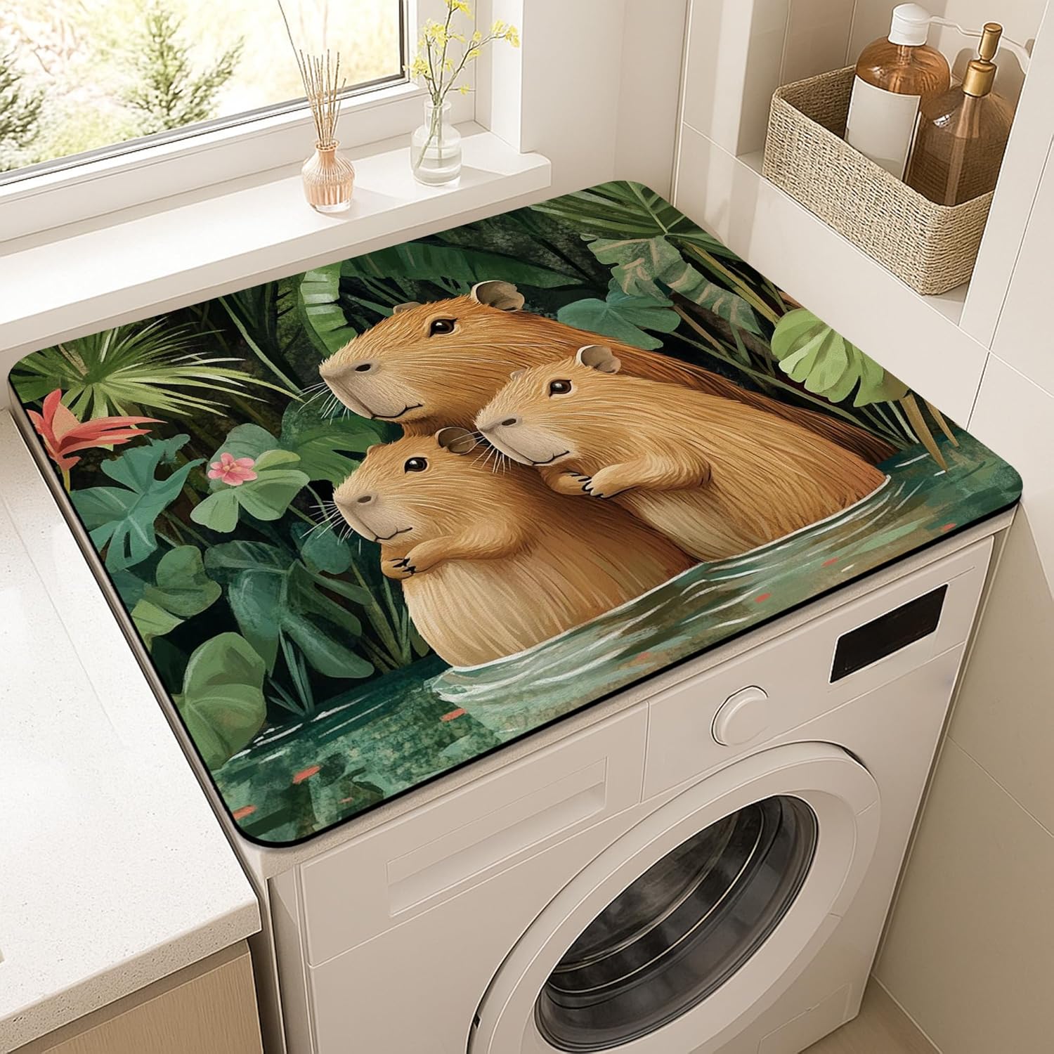 Capybara Washer Dryer Top Protector Mat, Tropical Animal Print Washing Machine Dust Cover, Eco-friendly Rubber Anti-slip Waterproof Mat for Laundry Room 20x24 Inch