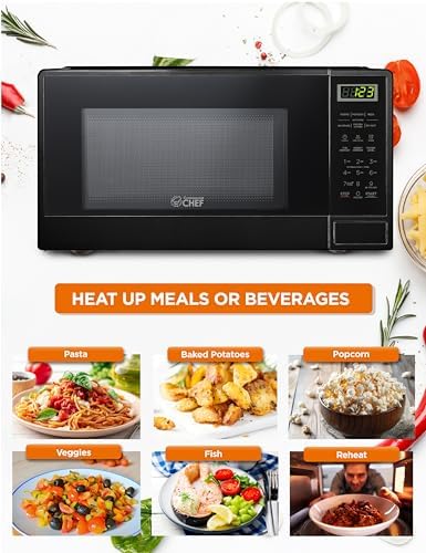 COMMERCIAL CHEF 1.1 Cu Ft Microwave with 10 Power Levels, Small Microwave with Push Button, 1000W Countertop Microwave with Kitchen Timer, Door Lock, & Digital Controls, Black