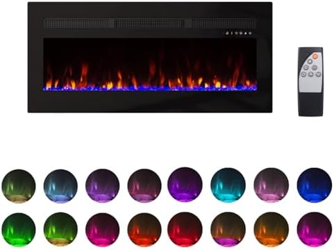 Panana Electric Fireplace Heater Wall Mounted, 60 inch Wide Recessed Electric Fireplace, 1400W, 8H Timer, 20 Color Flame, Remote Control, Log Set & Crystal