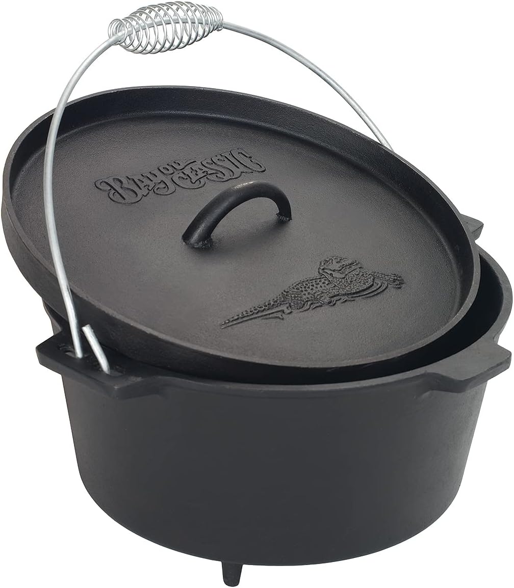 Bayou Classic Pre-Seasoned Cast Iron Dutch Oven w/ Feet Features Flanged Camp Lid Stainless Coil Wire Handle Grip, 8-qt Perfect For Baking Frying One-Pot Meals Stews and Chili