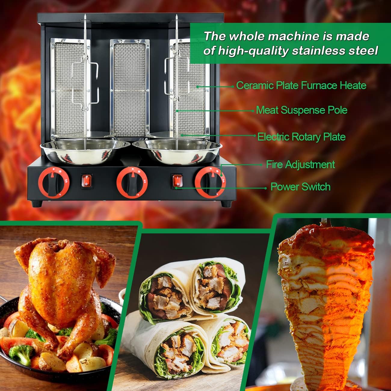 Shawarma Machine Commercial Shawarma Rotisserie Vertical Kebab Broiler Gyro Grill Rotating Kebab with 3 Burner Propane,Black