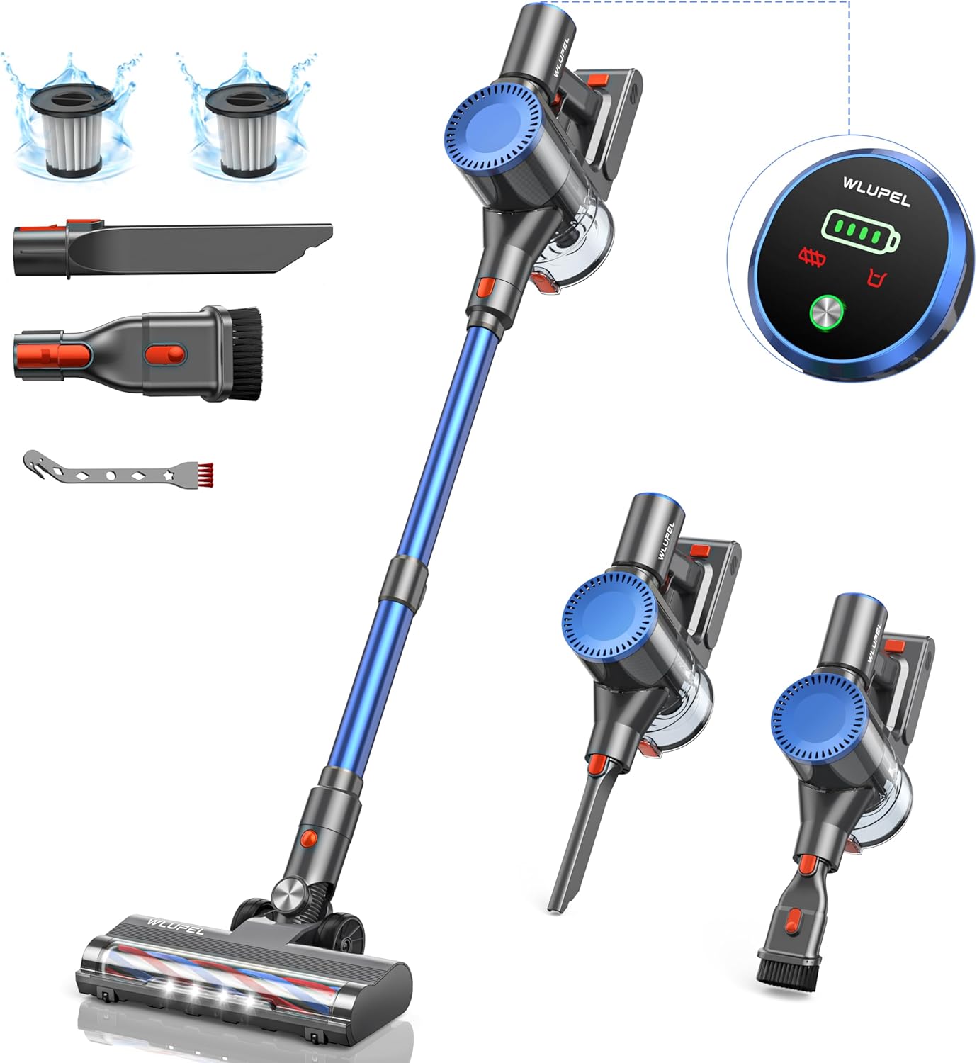 WLUPEL 30KPA 400W Cordless Vacuum Cleaner,Stick Vacuum with Max to 45 Mins Runtime Battery,80000RMP Powerful Motor Handheld Vacuum for Hard Floor/Carpet/Pet Hair/Car