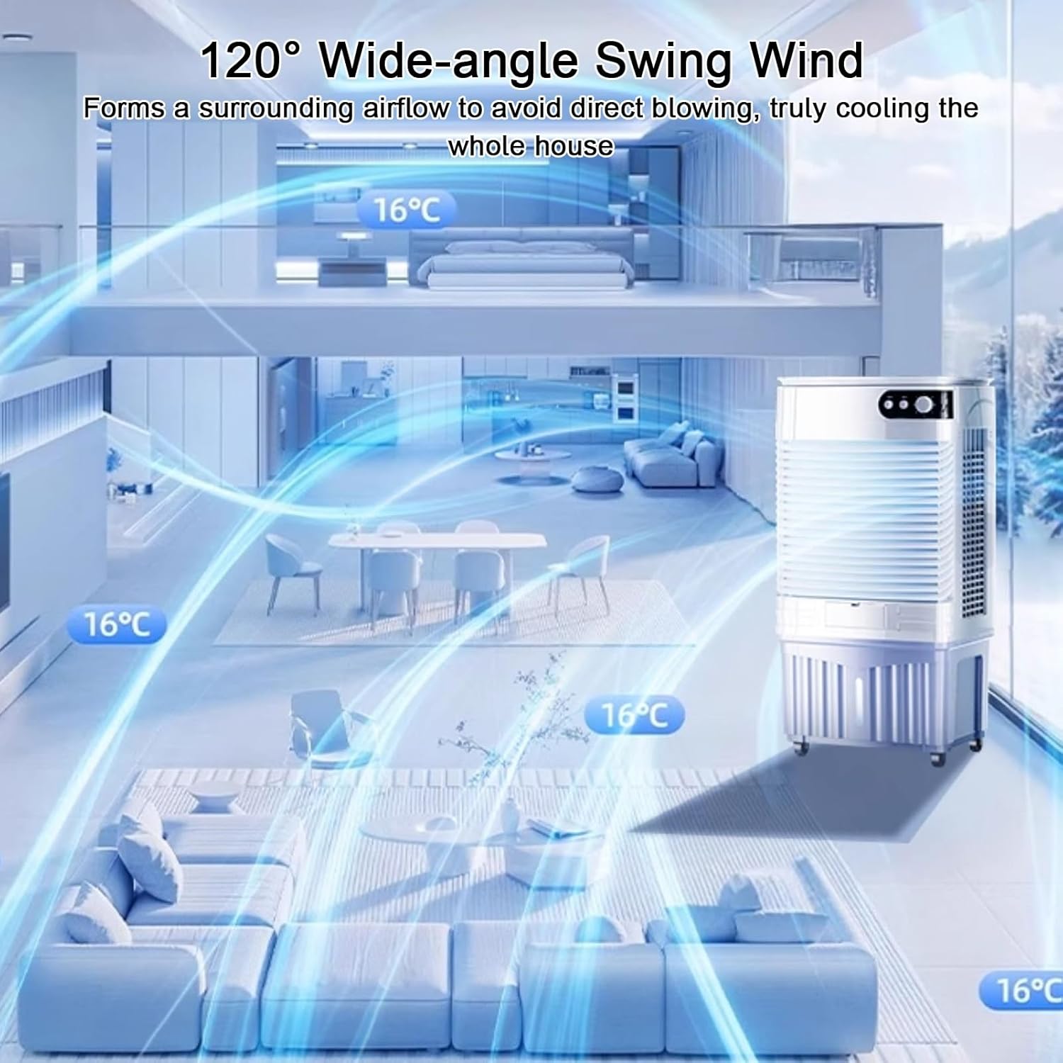 Portable Air Conditioners, Room Cooling 4-in-1, 120° Air Supply, Large Capacity Water Tank, Whole House Cooling, Quiet Operation, for Home, Office(110x49x39cm/43x19x15)