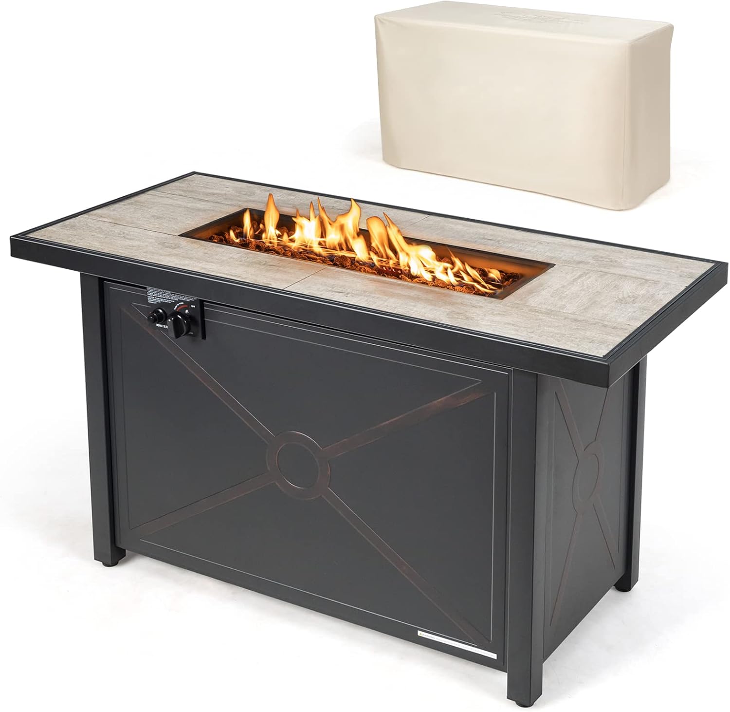Tangkula 42 Inch Propane Fire Pit Table, Patiojoy 60,000 BTU Outdoor Rectangle Gas Fire Table with Ceramic Tabletop, Lava Rocks & PVC Cover Included, Auto-Ignition Propane Heater for Backyard, Patio