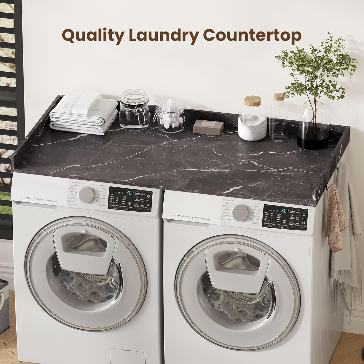 Washer Dryer Countertop – 54 x 27.6 Non-Slip Laundry Topper for Front-Load Washers & Dryers | Metal Hooks & Edge Rails | Includes 2 Storage Baskets for Organization
