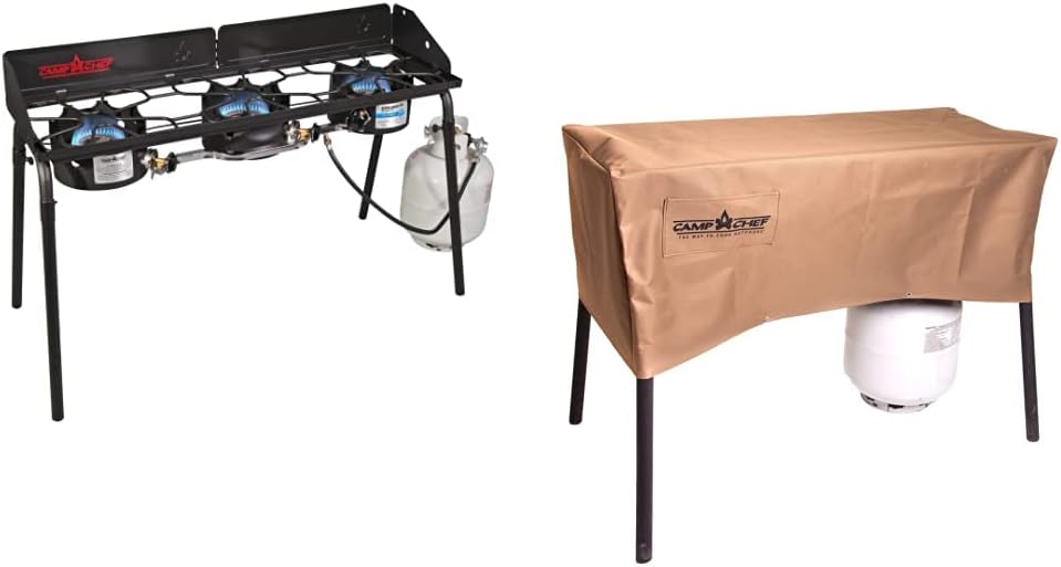 Camp Chef Explorer 3X Three-Burner Stove, Cooking Surface 14 in. x 49 in. & Patio Cover for 3 Burner Stoves with Removeable Legs