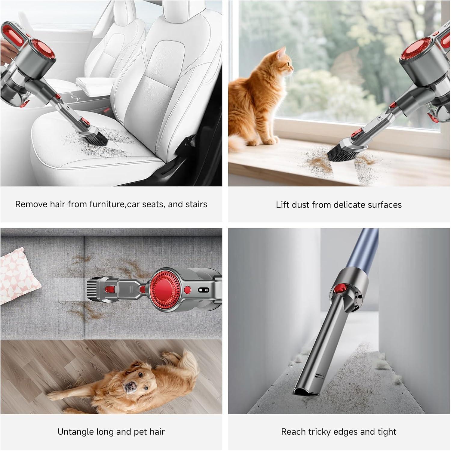 Cordless Vacuum Cleaner for Home, Powerful Stick Vacuum with Rechargeable Battery, Green Light Anti-Tangle Brush, 6-in-1 Lightweight Handheld Vacuum for Pet Hair, Hard Floor, Carpet, Red