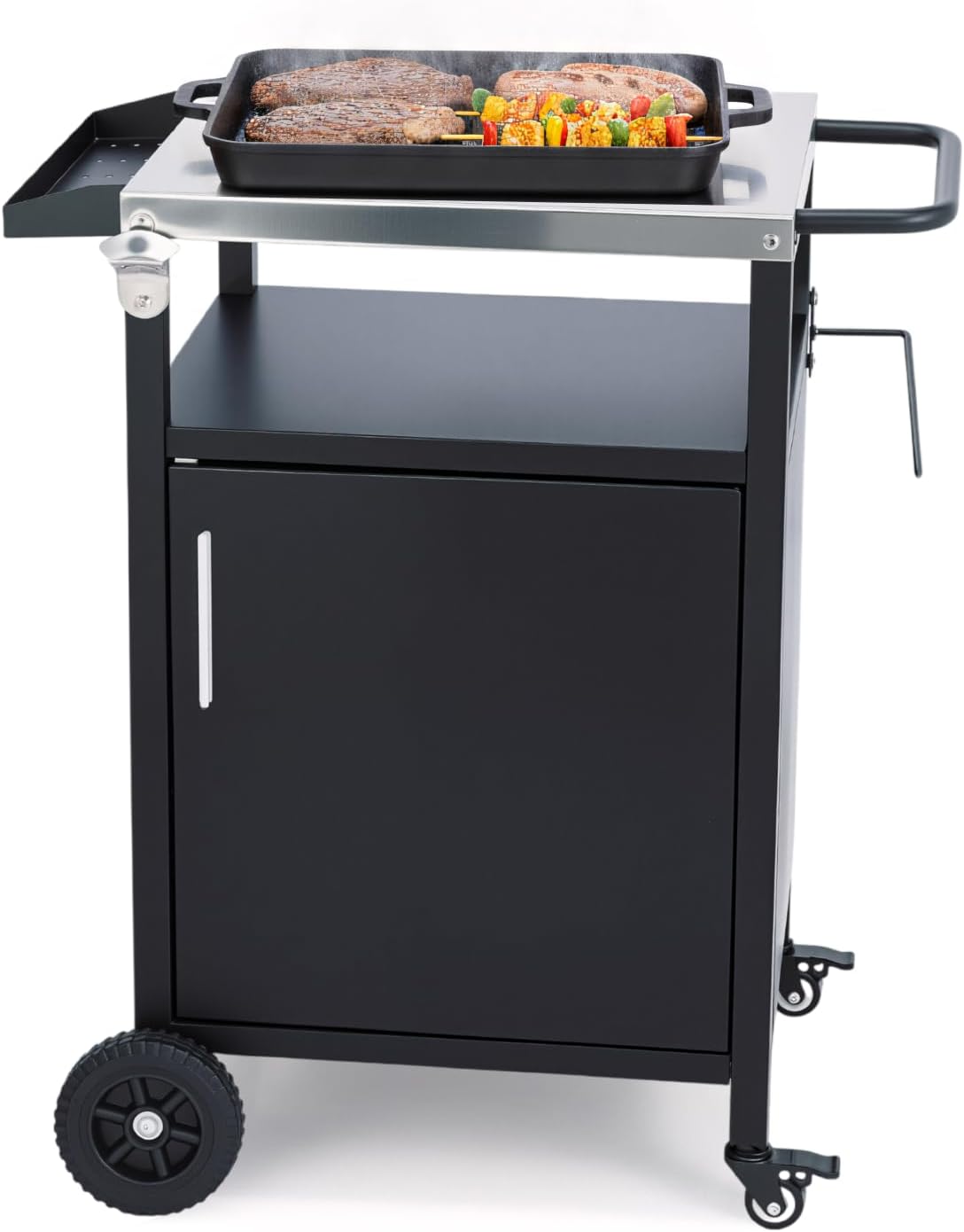 VINGLI Outdoor Grill Table Cart with Cabinet, Stainless Steel Movable Kitchen Island with Large Storage Cabinet, Multifunction Food Prep Table with Bottle Opener and Seasoning Tray, for Patio, Home
