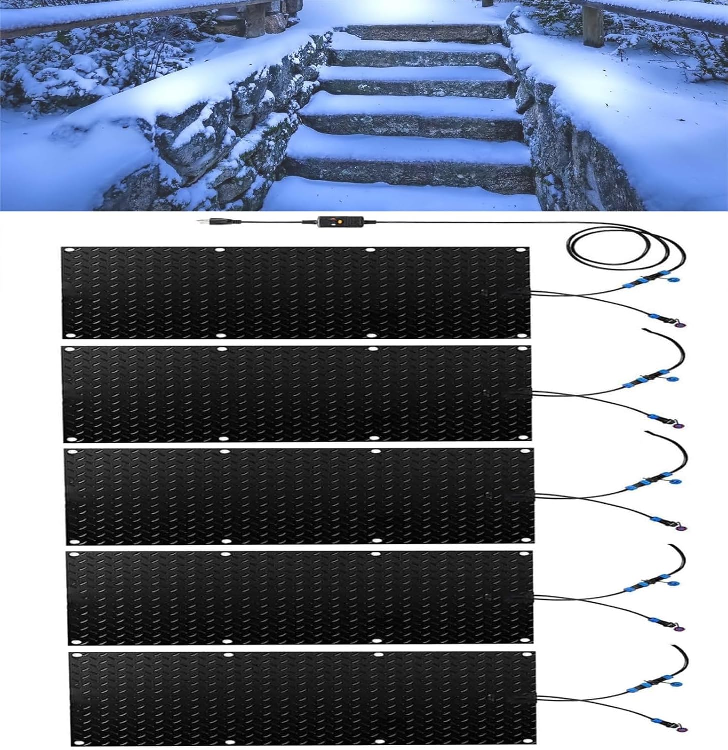 Snow Melting Walkway Mat, 1/2/3/4/5 pcs Non Slip Rubber Heated Mat with Power Cord, w/Power Cord, Slip-Proof Design for Extra Traction, Winter Outdoor Snow Mat(5 Pcs,10x48in/(25.4x121.9 cm))