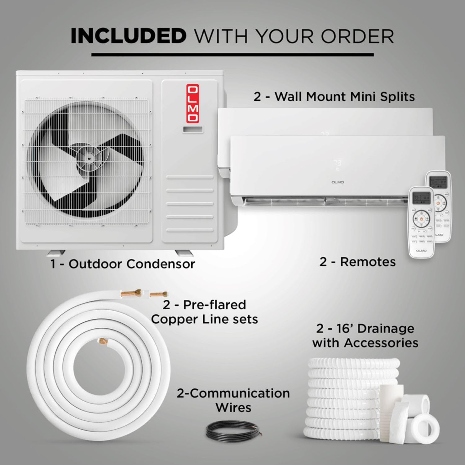 OLMO 24,000 BTU Dual Zone 12000 + 18000 BTU Wall Mount Ductless Mini Split A/C and Heater with 16ft Installation Kits