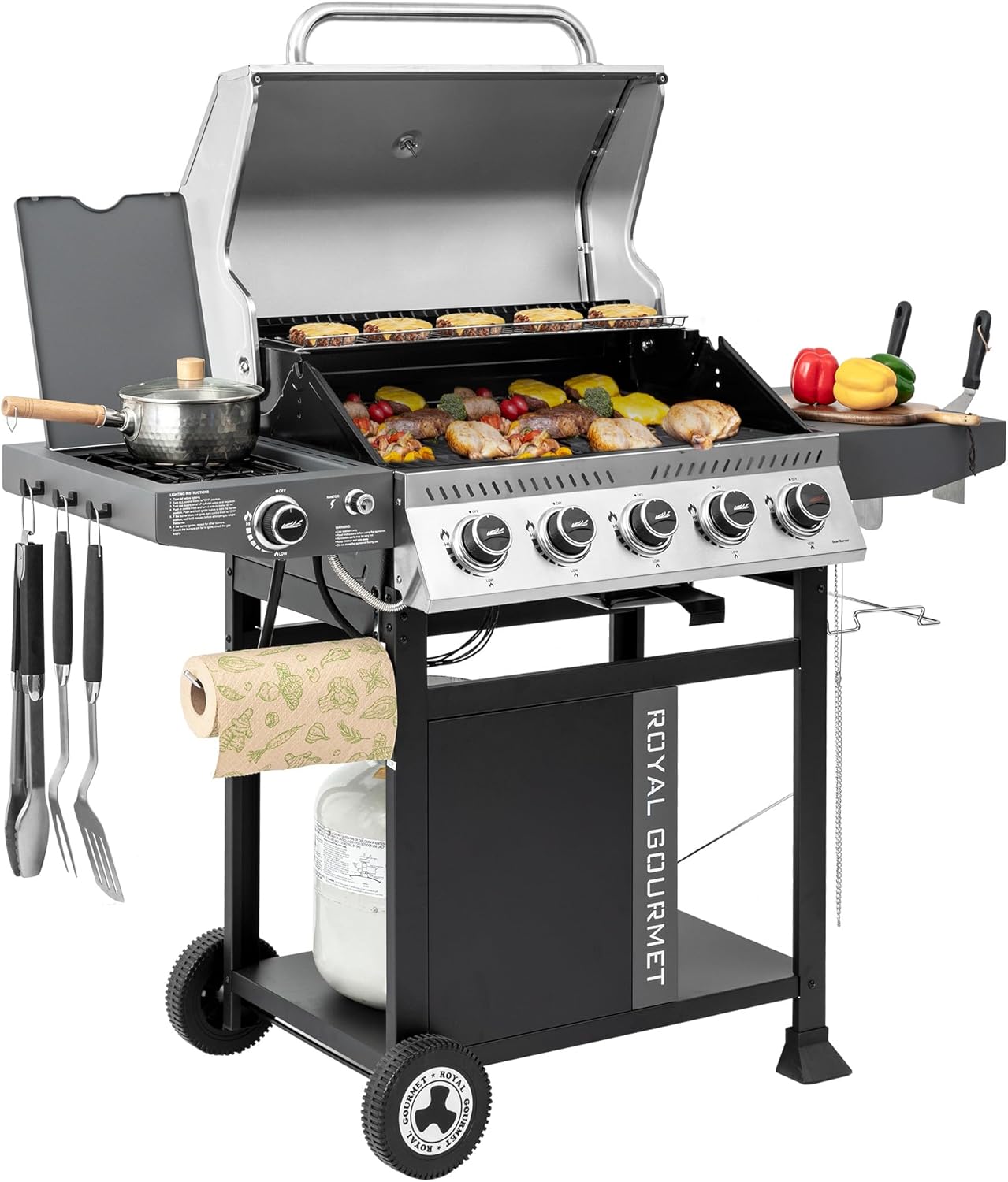 Royal Gourmet GA5406TS 5 Burner Propane Gas Grill with Side Burner and Sear Burner, Cart Style Gas BBQ Grill with Porcelain-Enameled Cast Iron Grates for Backyard Cooking, Silver & Black