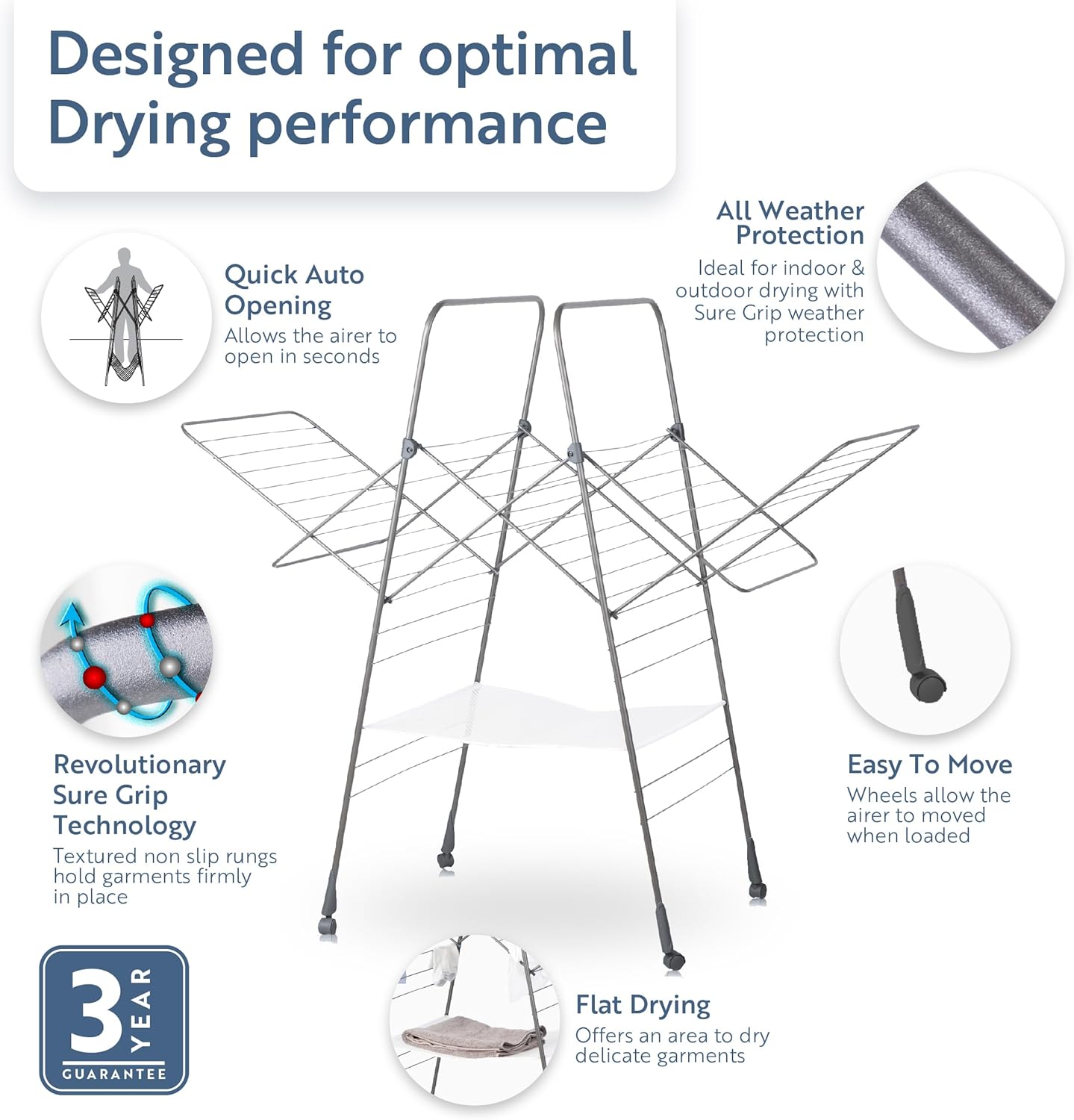 Minky Homecare Premium SureGrip Multidryer Indoor and Outdoor Clothes Drying Rack, Lightly Textured Non Slip Rungs, 82 Ft. of Drying Space, Gunmetal Gray