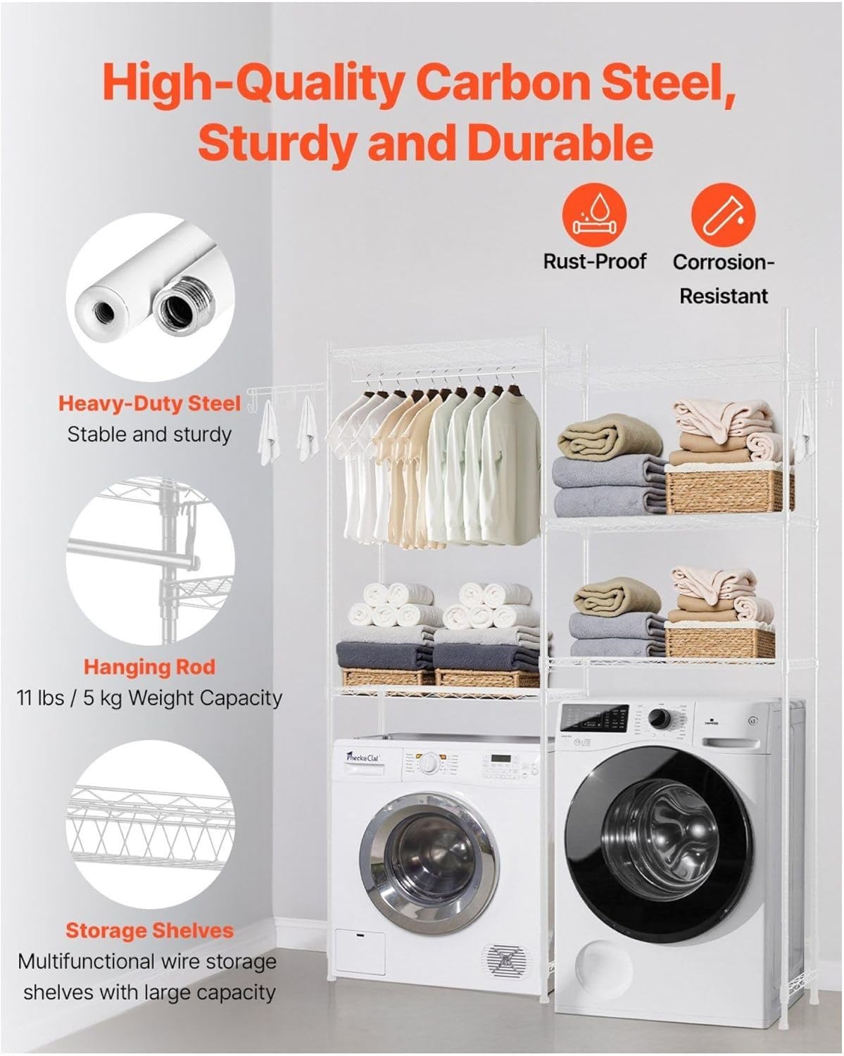 Over The Washer and Dryer Storage Shelf, 5 Tier Laundry Room Drying Rack with Hanger Rod and Hooks, Adjustable Over Washer and Dryer Shelves, Laundry Room Shelf Storage Space Saver, White